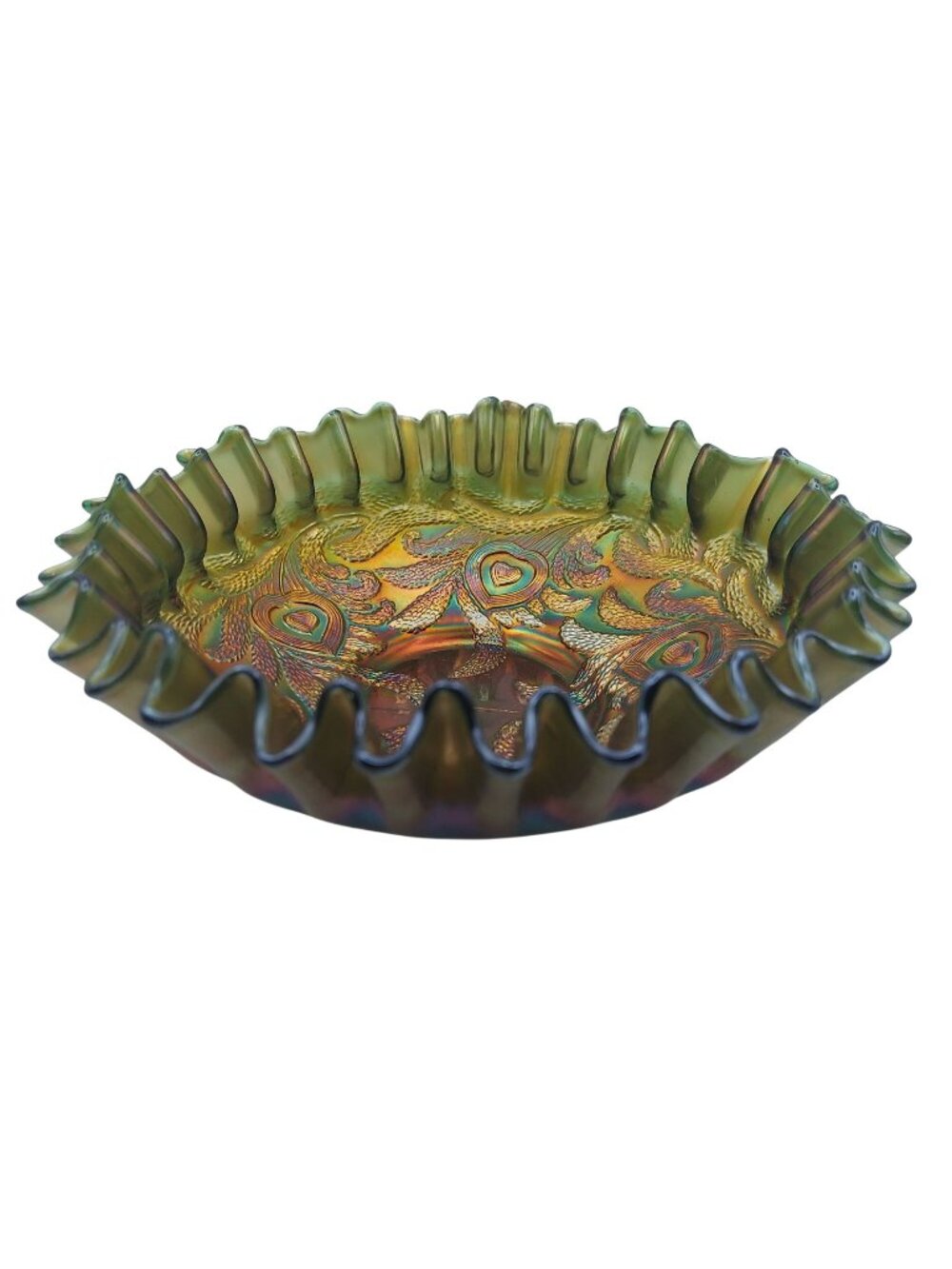 Fenton Carnival Glass Bowl Heart & Vine Green Crimped Ribbon Edge Antique 1908